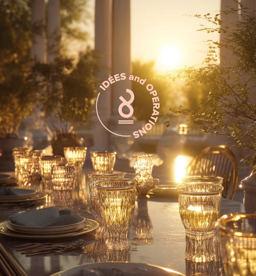 Circular brand mark on glass in a hospitality setting