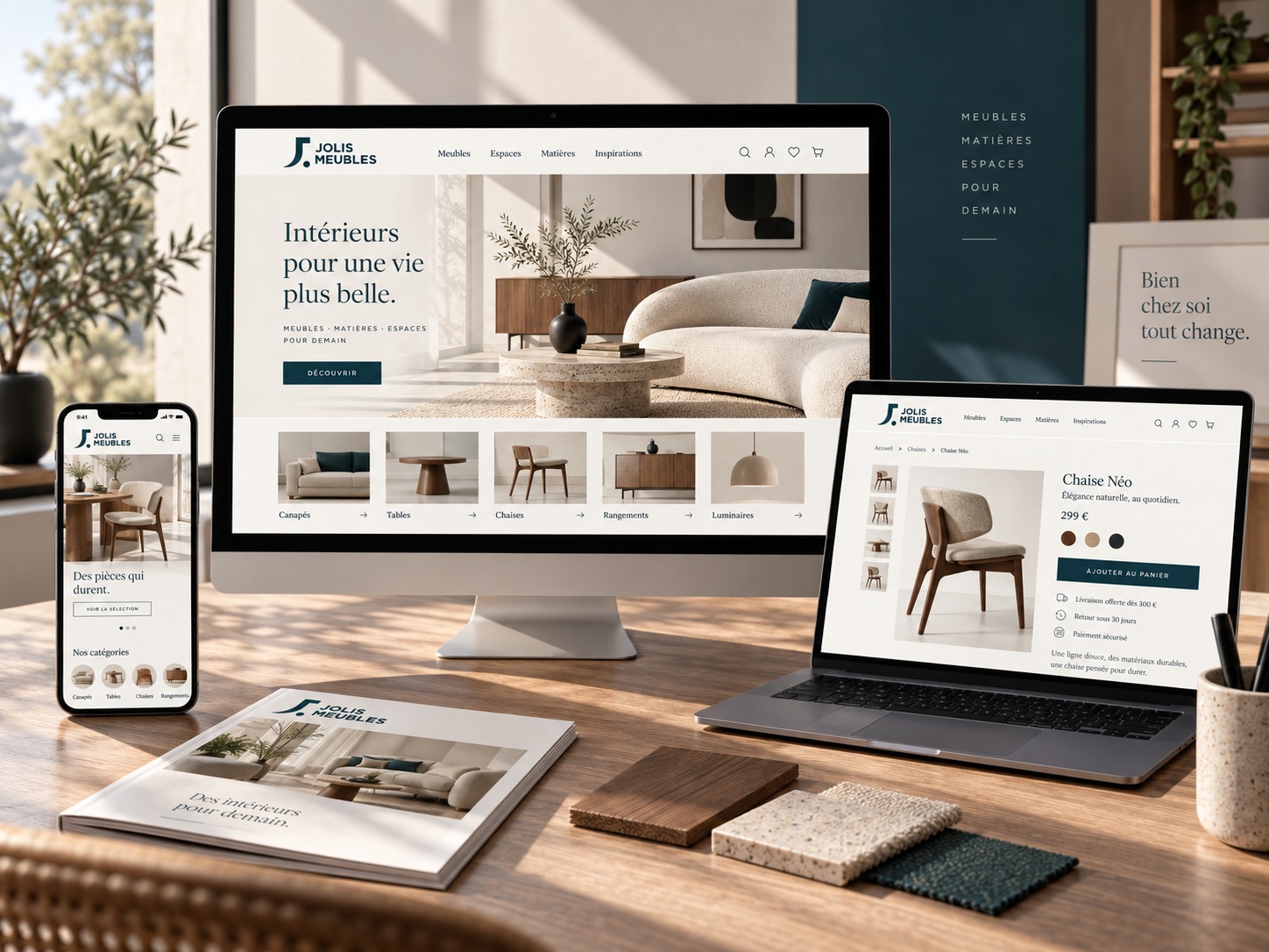 Jolis Meubles online furniture store across desktop, laptop and mobile visualisations