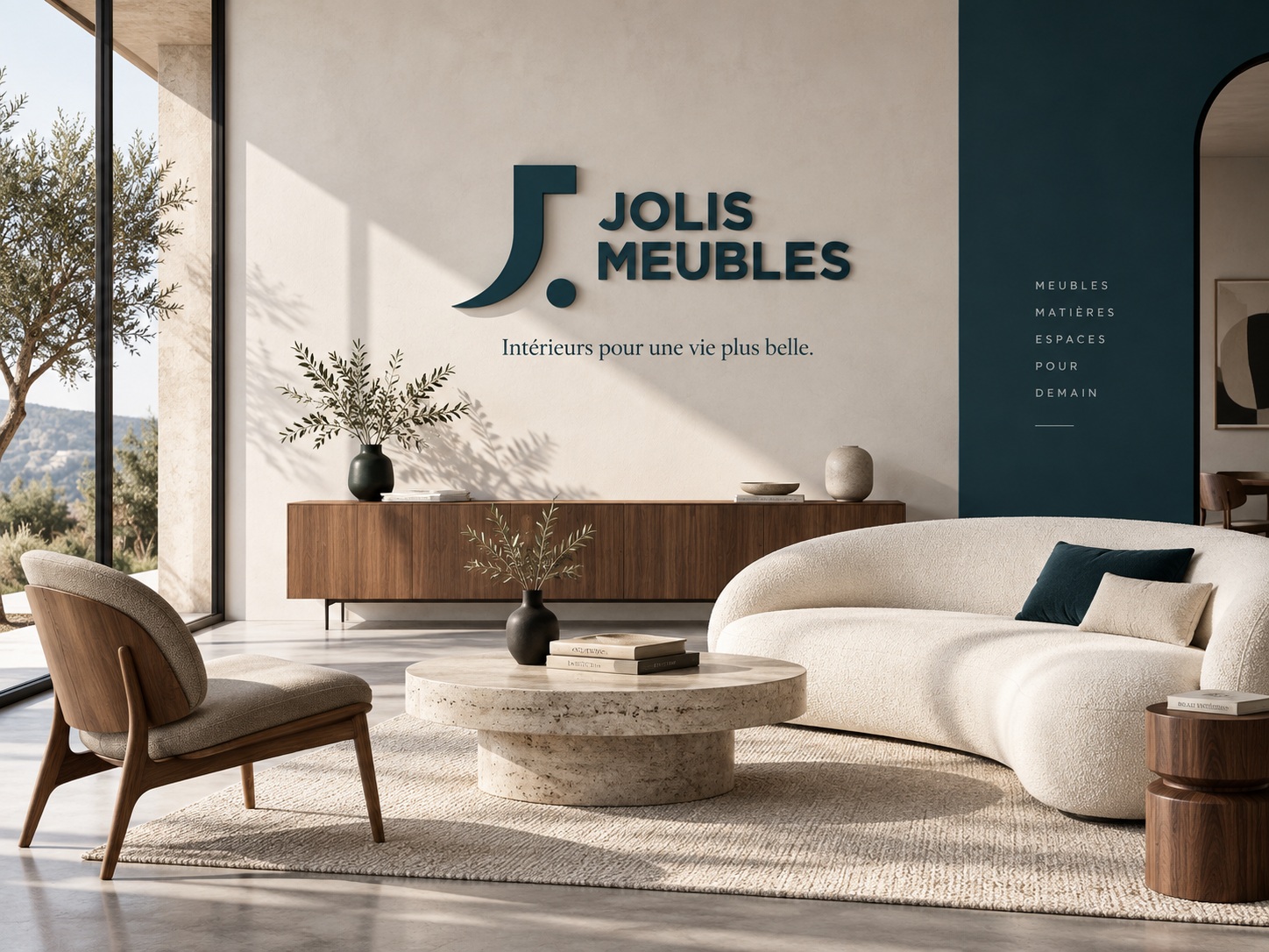 Jolis Meubles identity in a furnished interior visualisation
